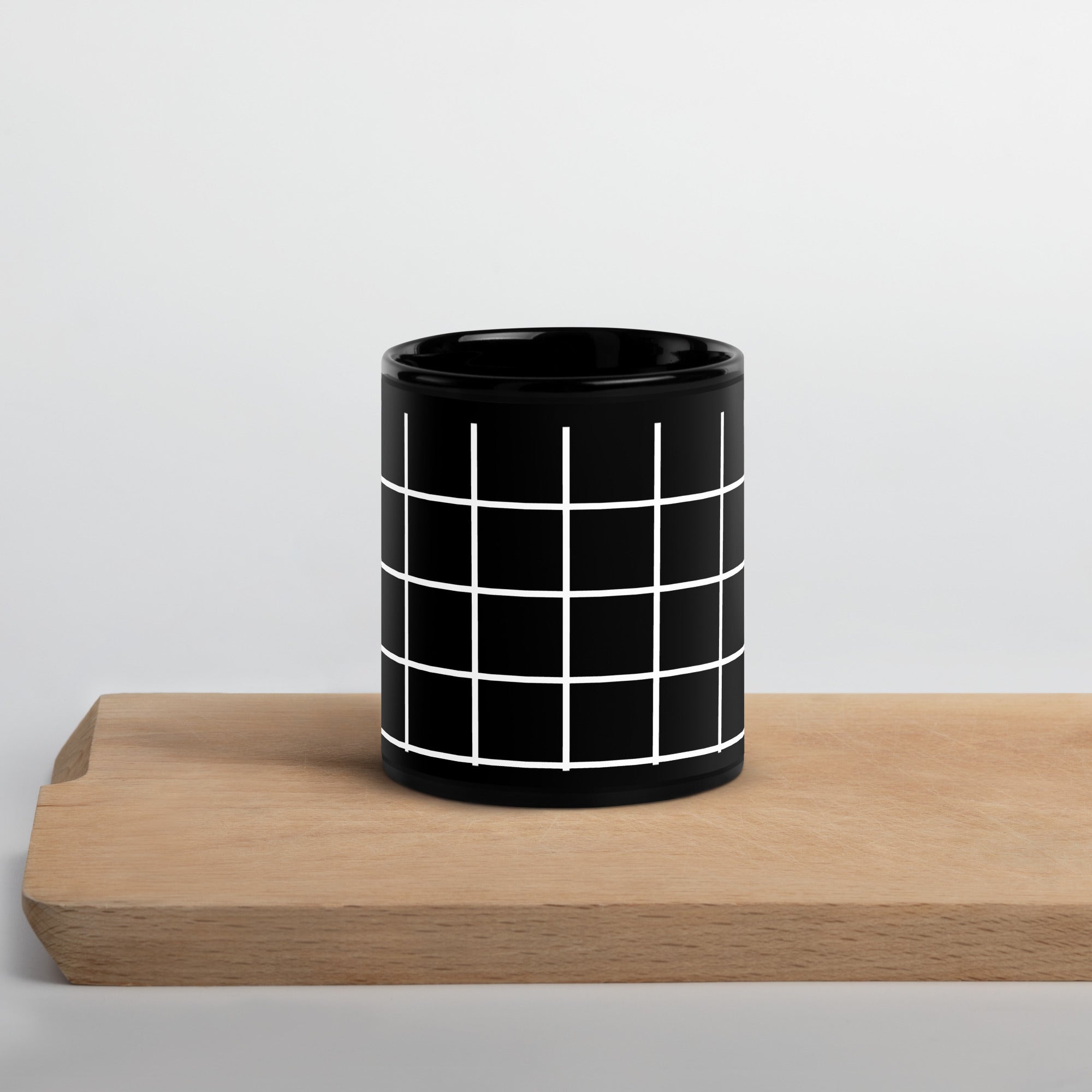 White Grid on Black Glossy Mug