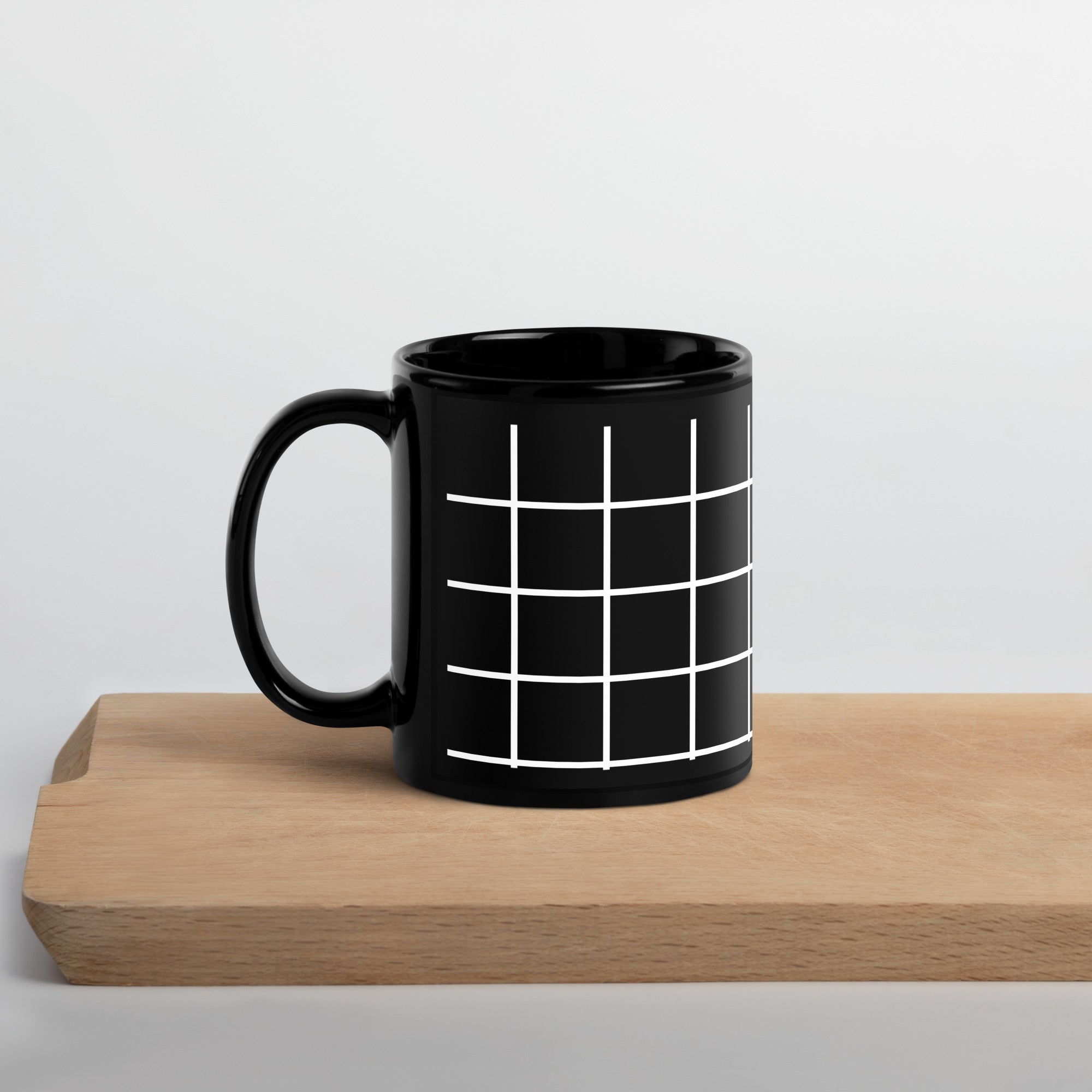 White Grid on Black Glossy Mug
