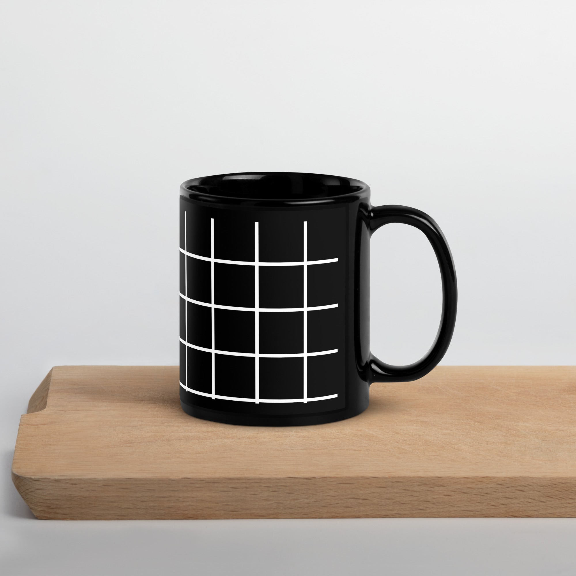 White Grid on Black Glossy Mug