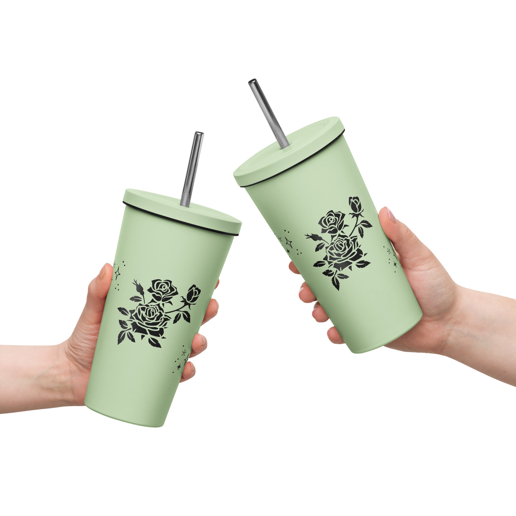 Black Floral Insulated tumbler with a straw