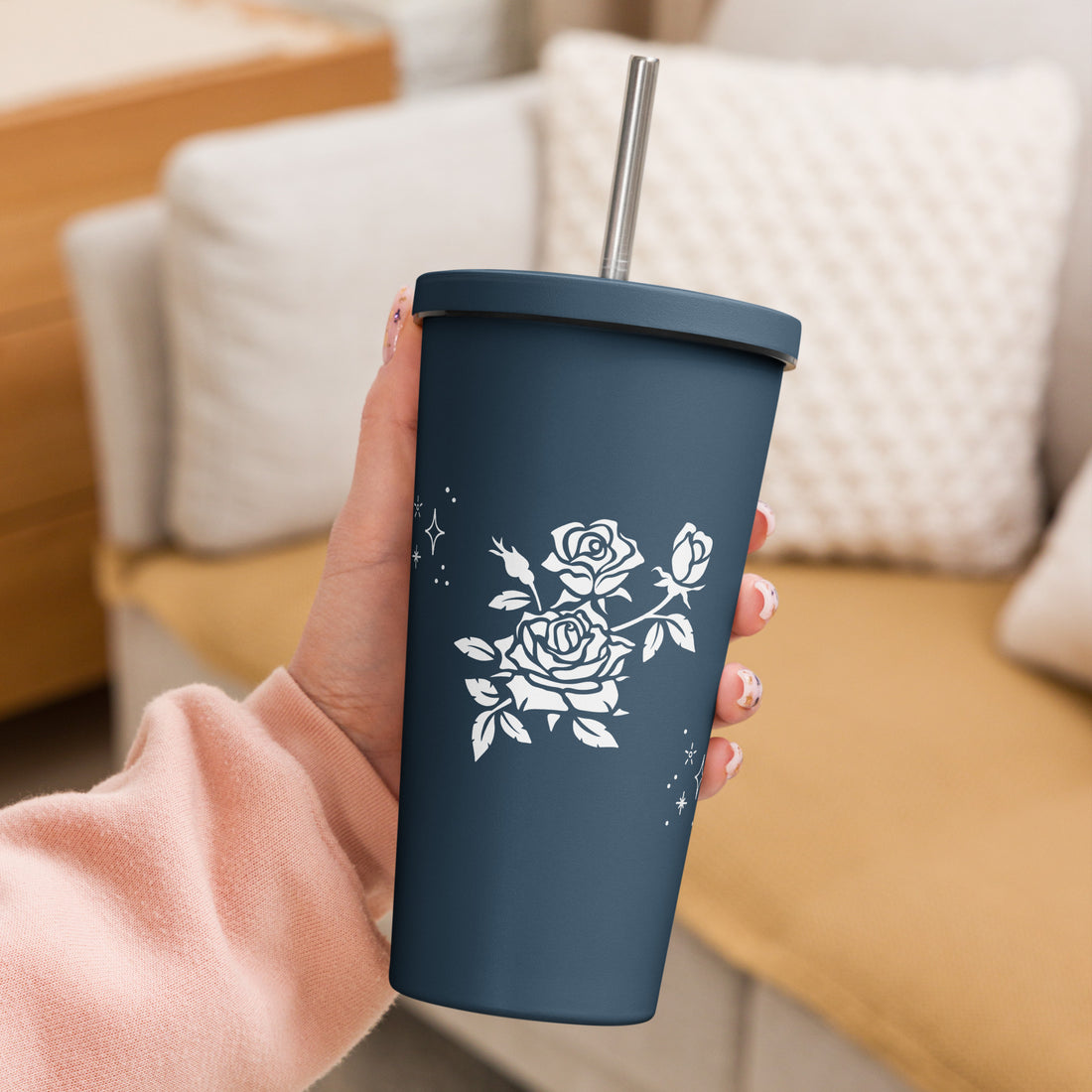White Floral Insulated tumbler with a straw
