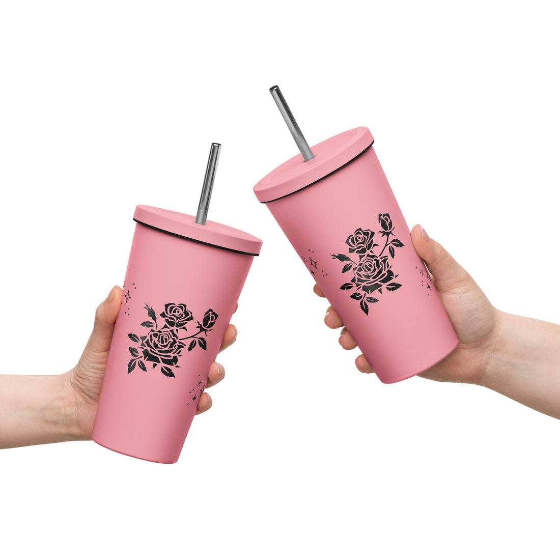 Black Floral Insulated tumbler with a straw