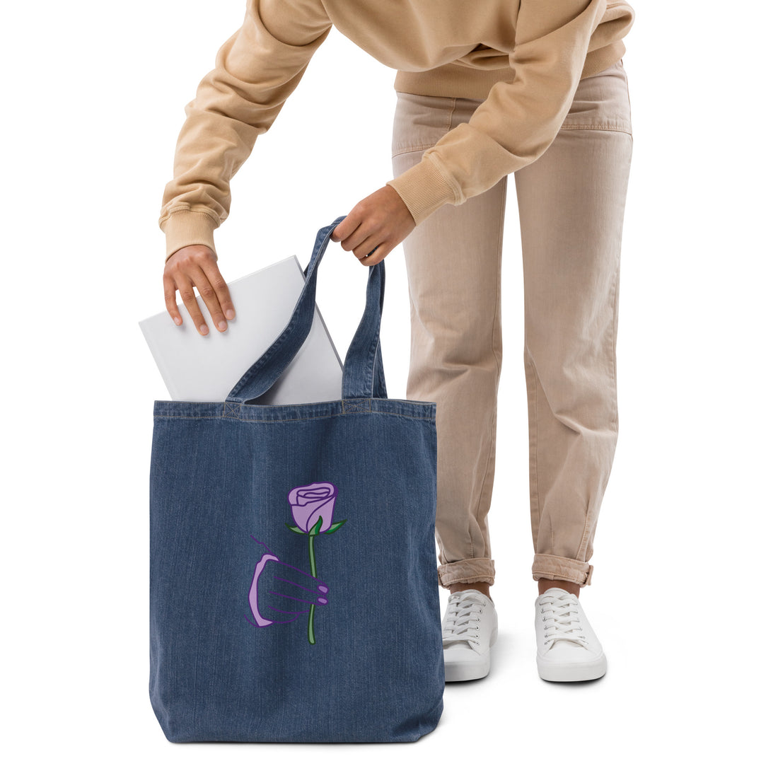 Purple Rose denim tote bag