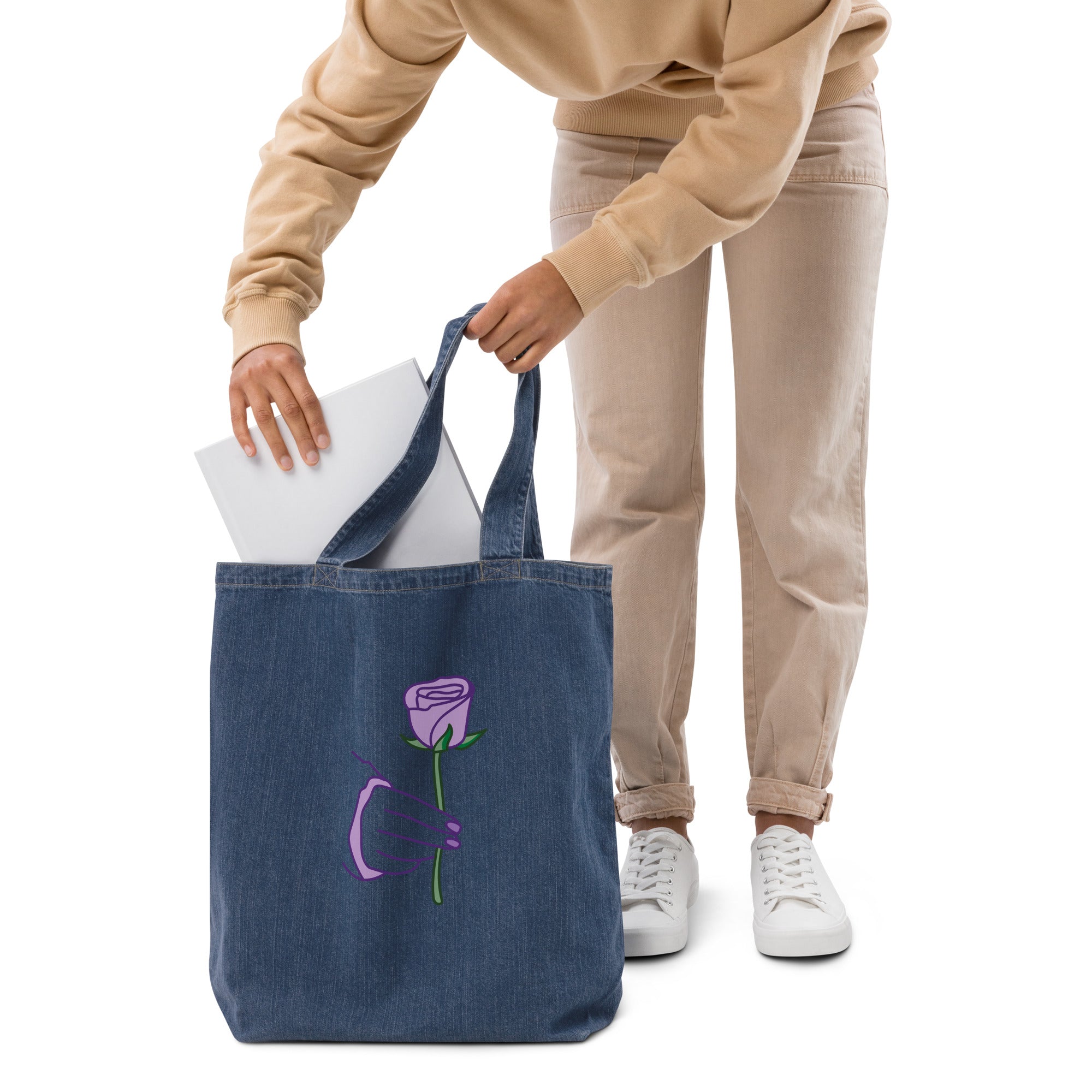 Purple Rose denim tote bag