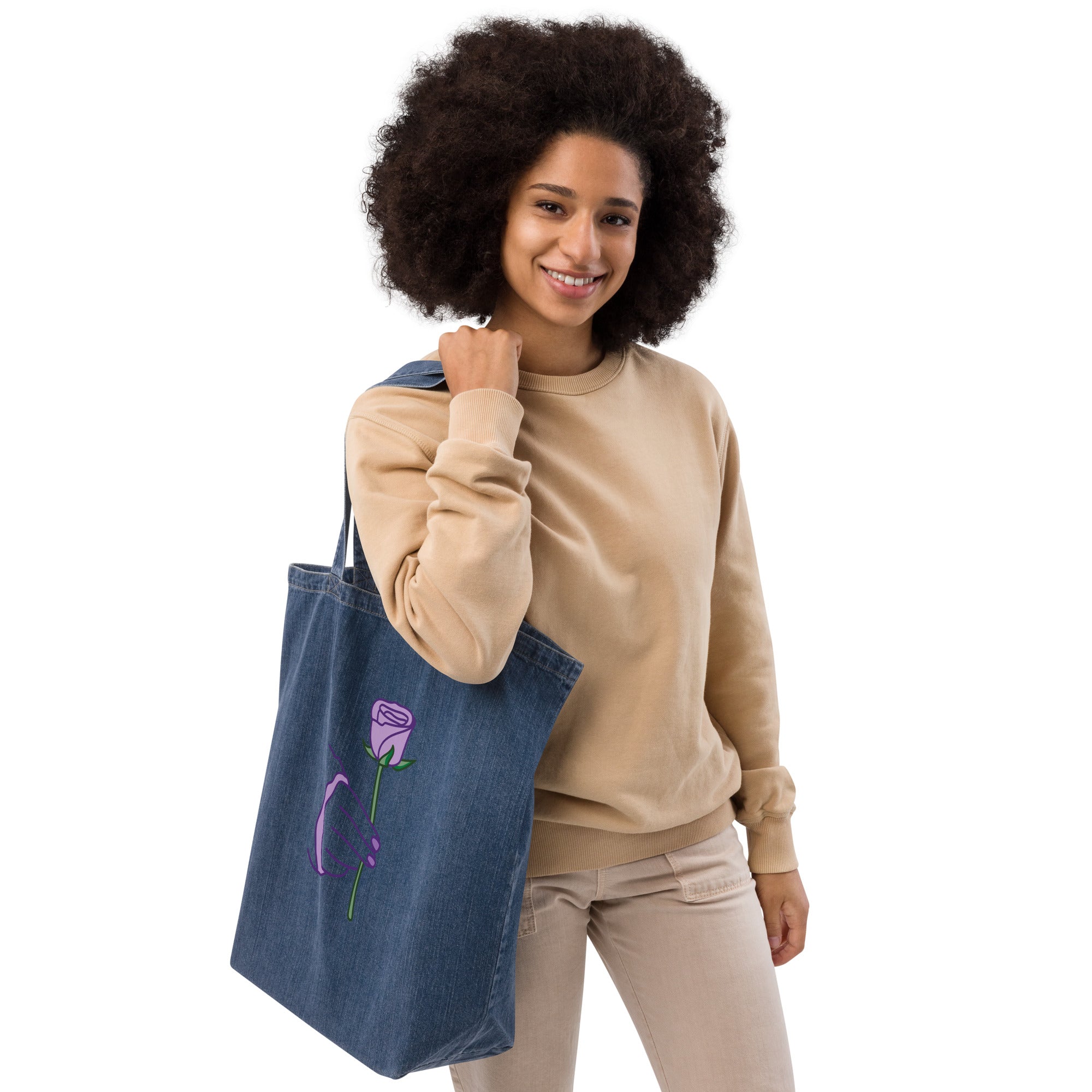 Purple Rose denim tote bag