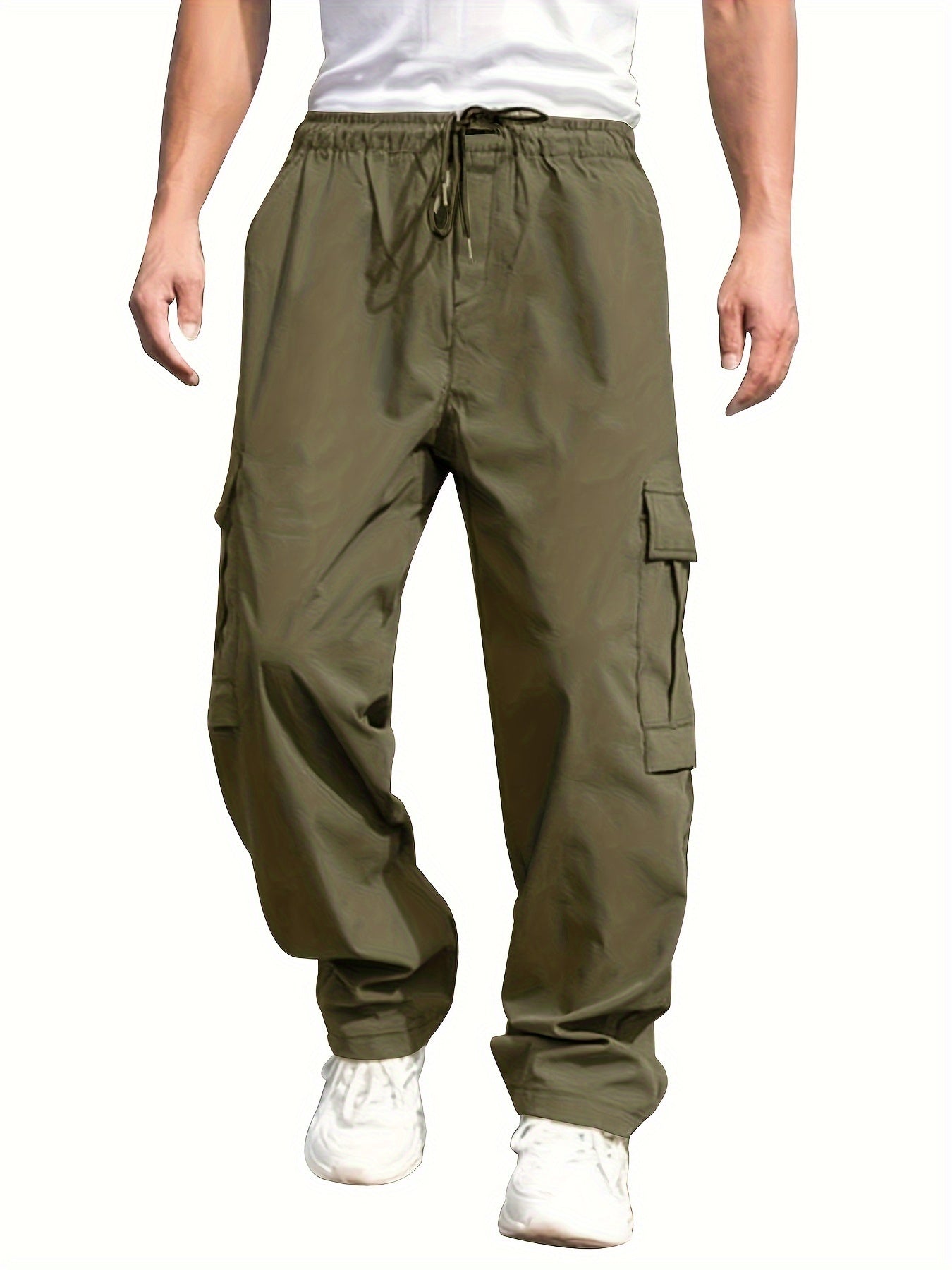 Mens Cargo Pants with Elastic Drawstring - Spacious Pockets, Loose Fit &amp; Trendy Solid Color - Perfect for Casual Style