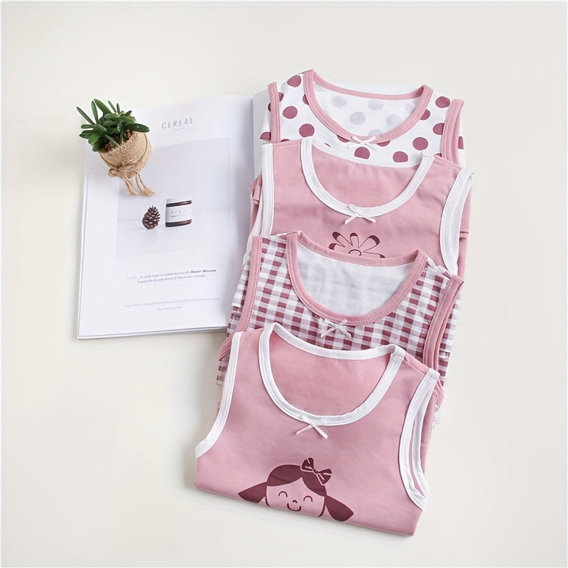 4pcs Lucky Girl Prints Undershirts, Cotton Singlet Top Shirts, Dots Flowers Design, Children Breathable Home Wear Size 100-150