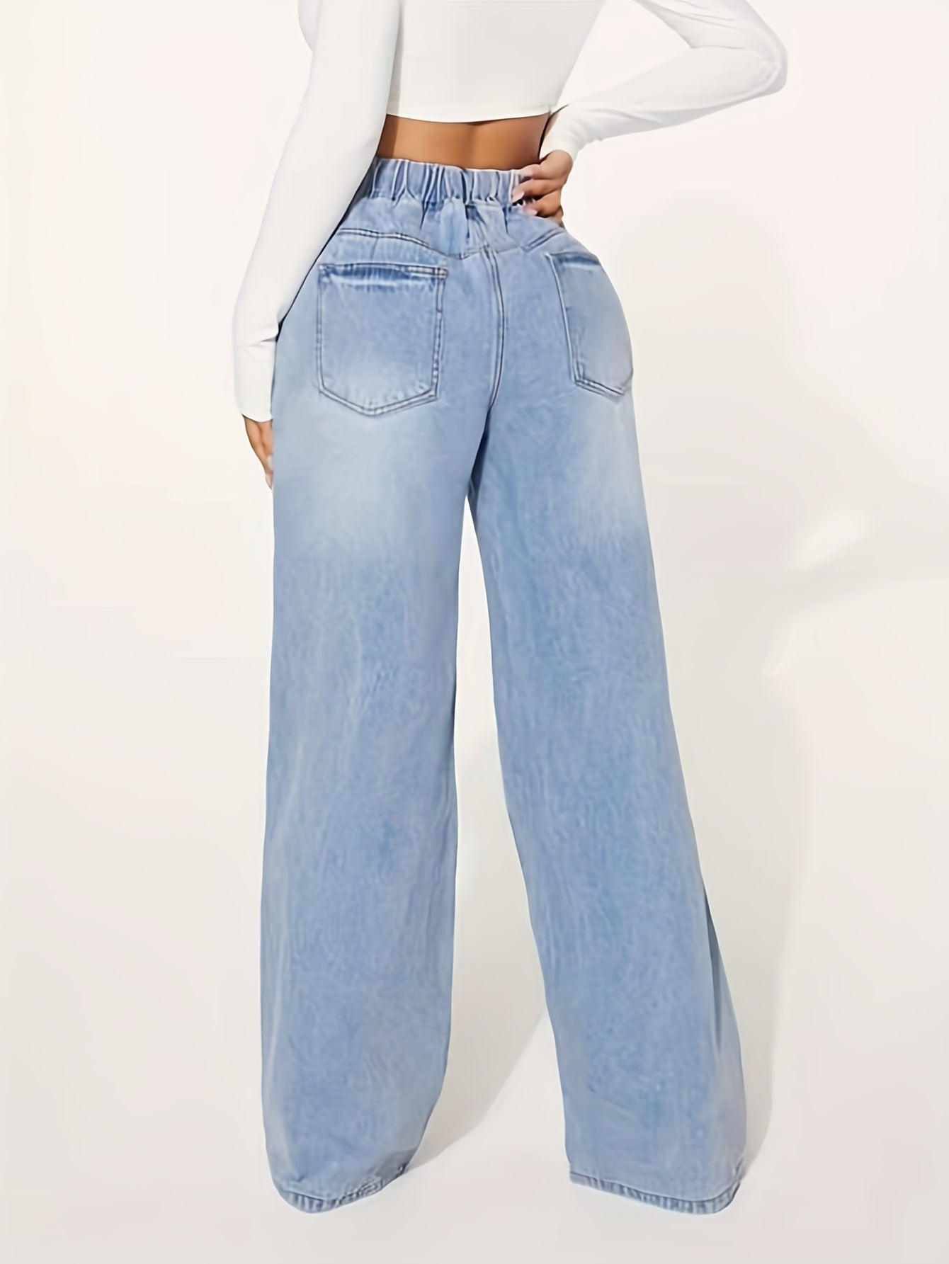 Chic Womens Blue Drawstring Jeans - Comfort Elastic Waist, Relaxed Baggy Style, Distressed Washed Wide Legs - Premium Denim Clothing