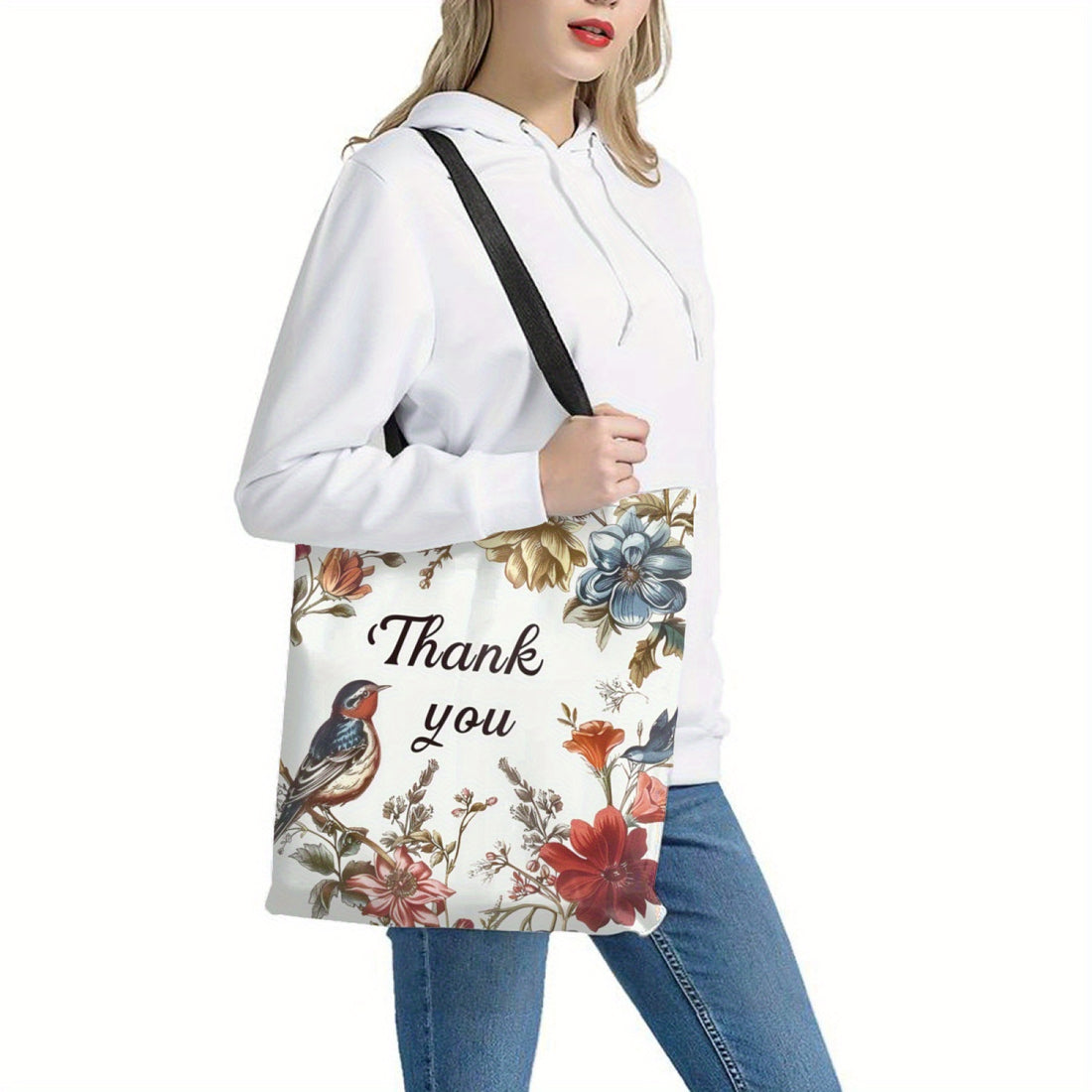 Sustainable Floral Canvas Tote Bag with Loop Handle - Reusable Shopping &amp; Gift Bag for Women, Perfect for School, Groceries, and Beach Outings