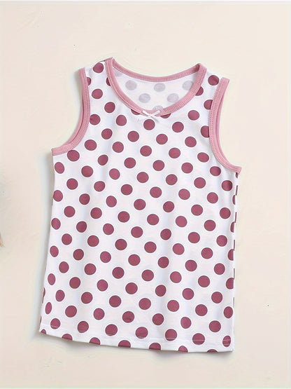 4pcs Lucky Girl Prints Undershirts, Cotton Singlet Top Shirts, Dots Flowers Design, Children Breathable Home Wear Size 100-150