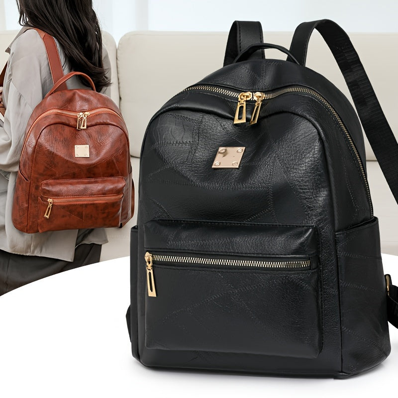 Chic Waterproof PU Backpack with Adjustable Straps - Spacious Multi-Pocket Design for Daily Commute, Shopping &amp; Vacation