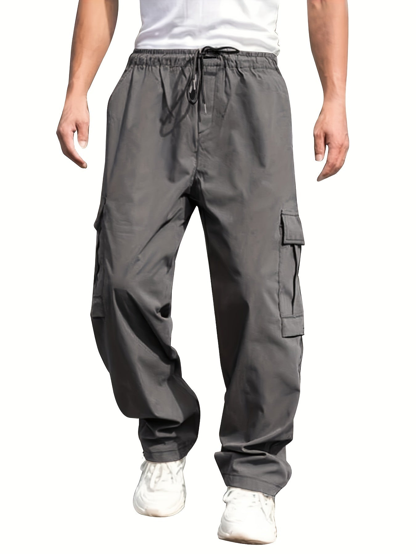 Mens Cargo Pants with Elastic Drawstring - Spacious Pockets, Loose Fit &amp; Trendy Solid Color - Perfect for Casual Style