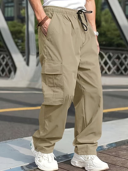 Mens Cargo Pants with Elastic Drawstring - Spacious Pockets, Loose Fit &amp; Trendy Solid Color - Perfect for Casual Style