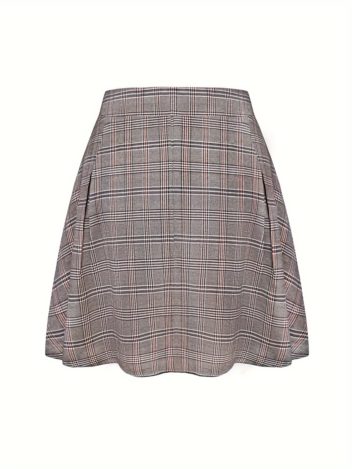 Plus Size Buckle Detail Plaid Skirt, Elegant Asymmetrical Hem High Waist Mini Skirt, Women&