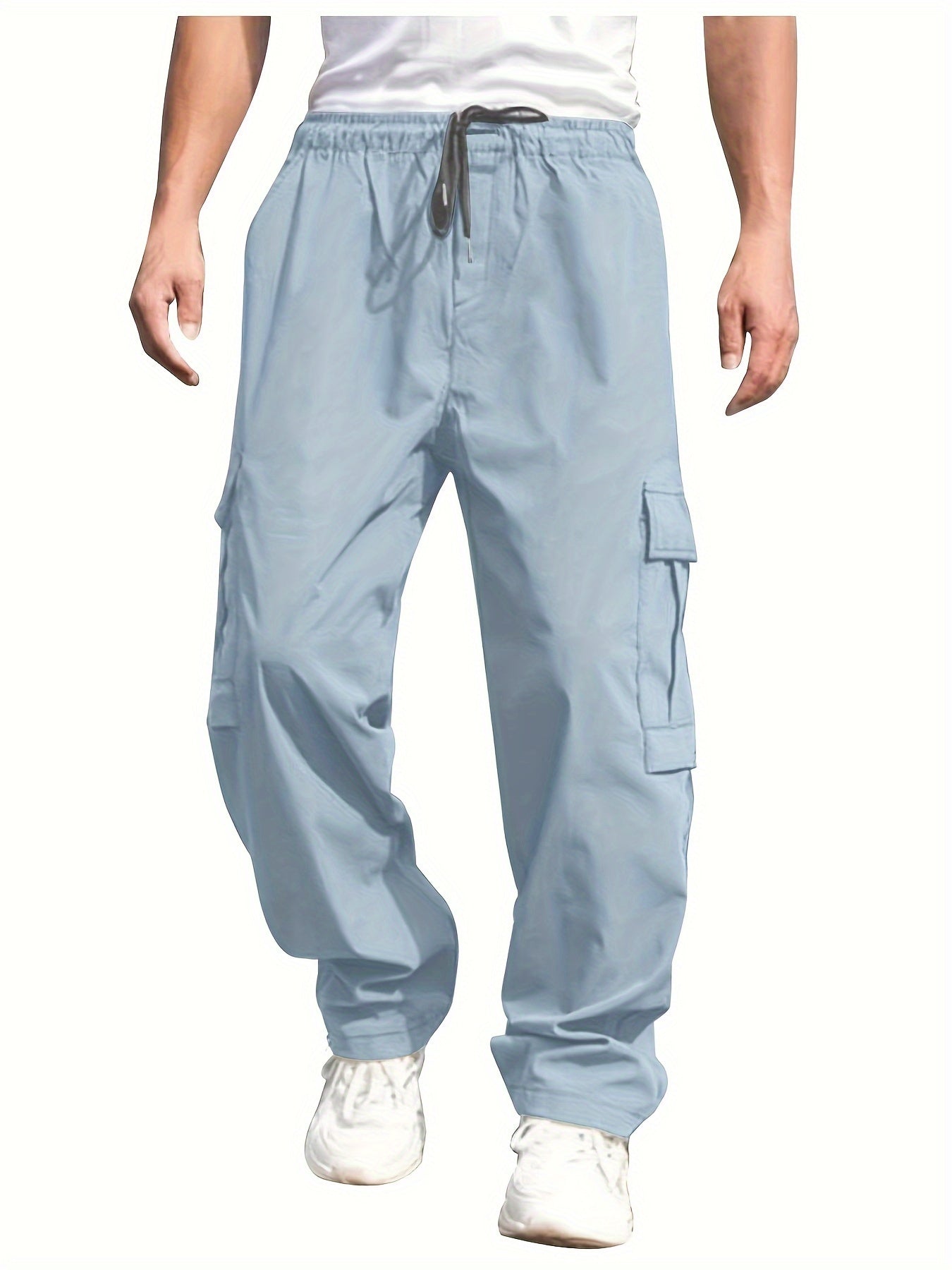 Mens Cargo Pants with Elastic Drawstring - Spacious Pockets, Loose Fit &amp; Trendy Solid Color - Perfect for Casual Style