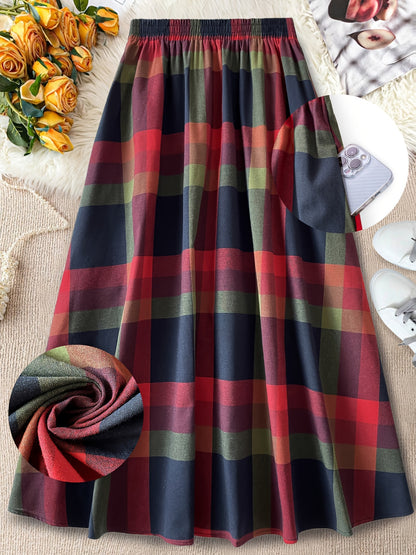 Chic Plus Size Plaid Skirt with Pockets - Casual High-Waist, A-Line Design for Women - Perfect for Fall/Winter