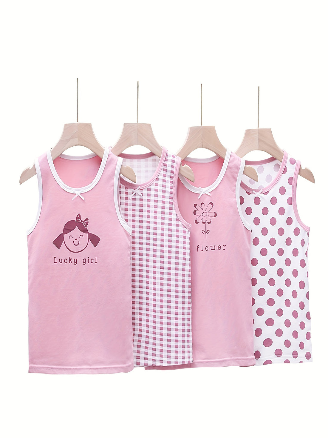 4pcs Lucky Girl Prints Undershirts, Cotton Singlet Top Shirts, Dots Flowers Design, Children Breathable Home Wear Size 100-150