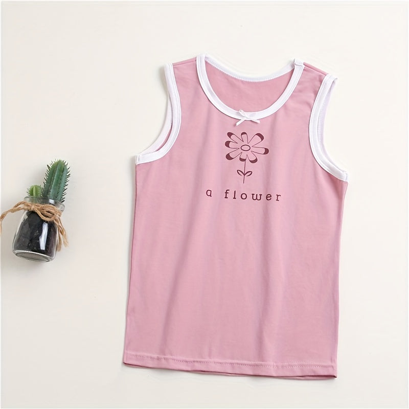 4pcs Lucky Girl Prints Undershirts, Cotton Singlet Top Shirts, Dots Flowers Design, Children Breathable Home Wear Size 100-150