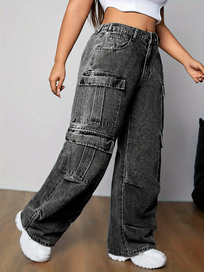 Stylish Plus Size Cargo Jeans - Loose Fit Denim Pants with Multi-Pocket Design, Side Flap Pockets, and Streetwear Style - Women&