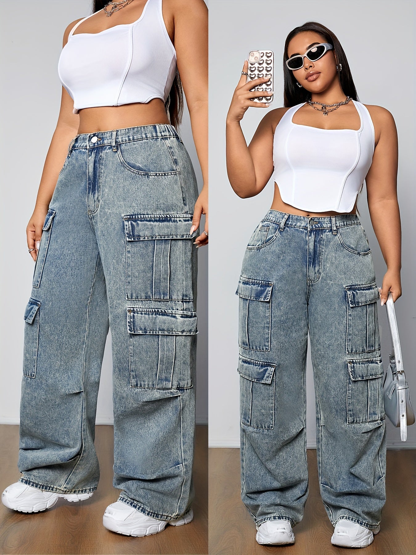 Stylish Plus Size Cargo Jeans - Loose Fit Denim Pants with Multi-Pocket Design, Side Flap Pockets, and Streetwear Style - Women&