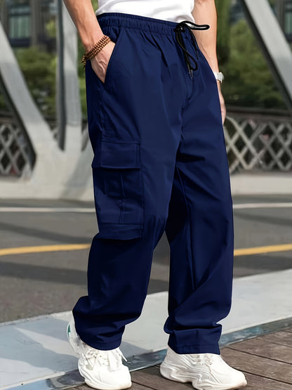 Mens Cargo Pants with Elastic Drawstring - Spacious Pockets, Loose Fit &amp; Trendy Solid Color - Perfect for Casual Style