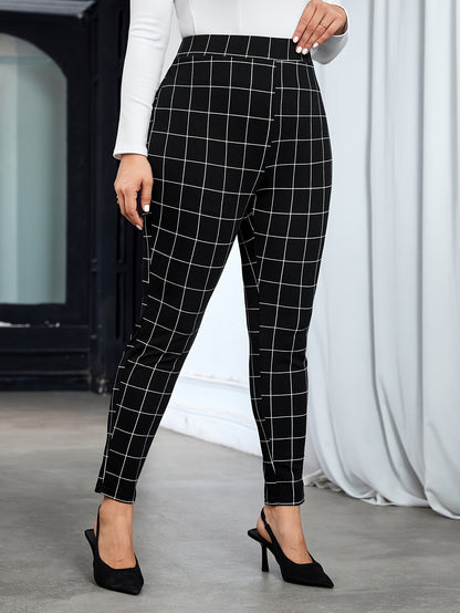 Chic Plus Size Grid-Patterned Skinny Pants - Stretch High-Waist Trousers for Women, Comfort-Fit for Daily Wear