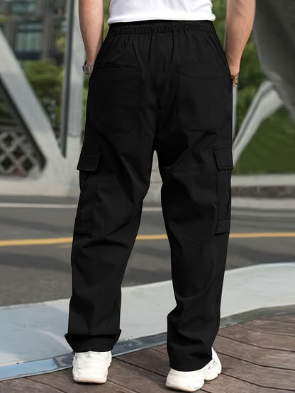 Mens Cargo Pants with Elastic Drawstring - Spacious Pockets, Loose Fit &amp; Trendy Solid Color - Perfect for Casual Style