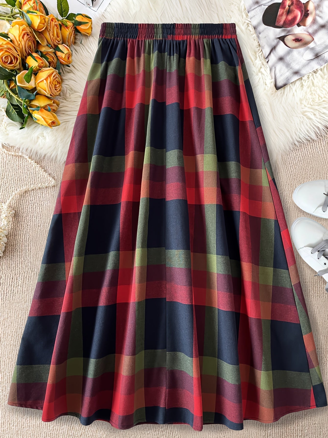 Chic Plus Size Plaid Skirt with Pockets - Casual High-Waist, A-Line Design for Women - Perfect for Fall/Winter