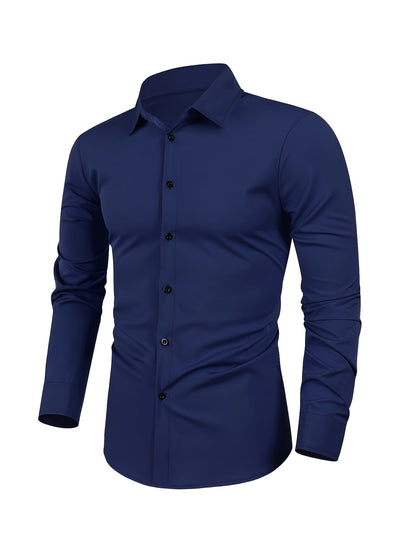 Men’s Classic Lapel Collar Shirt - Easy Care, Regular Fit, Long Sleeve, Solid Polyester with Button Detail