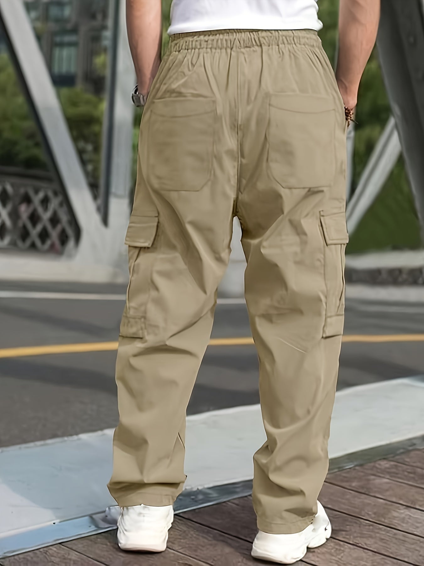 Mens Cargo Pants with Elastic Drawstring - Spacious Pockets, Loose Fit &amp; Trendy Solid Color - Perfect for Casual Style