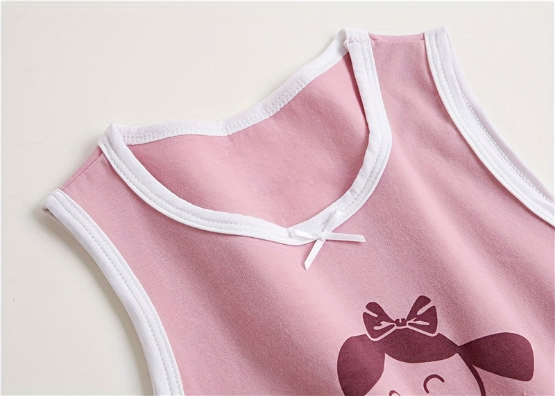 4pcs Lucky Girl Prints Undershirts, Cotton Singlet Top Shirts, Dots Flowers Design, Children Breathable Home Wear Size 100-150