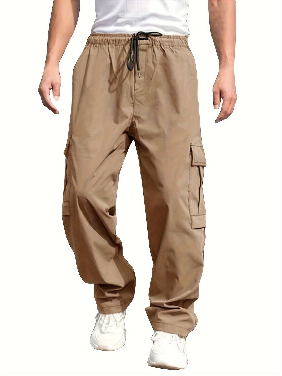 Mens Cargo Pants with Elastic Drawstring - Spacious Pockets, Loose Fit &amp; Trendy Solid Color - Perfect for Casual Style