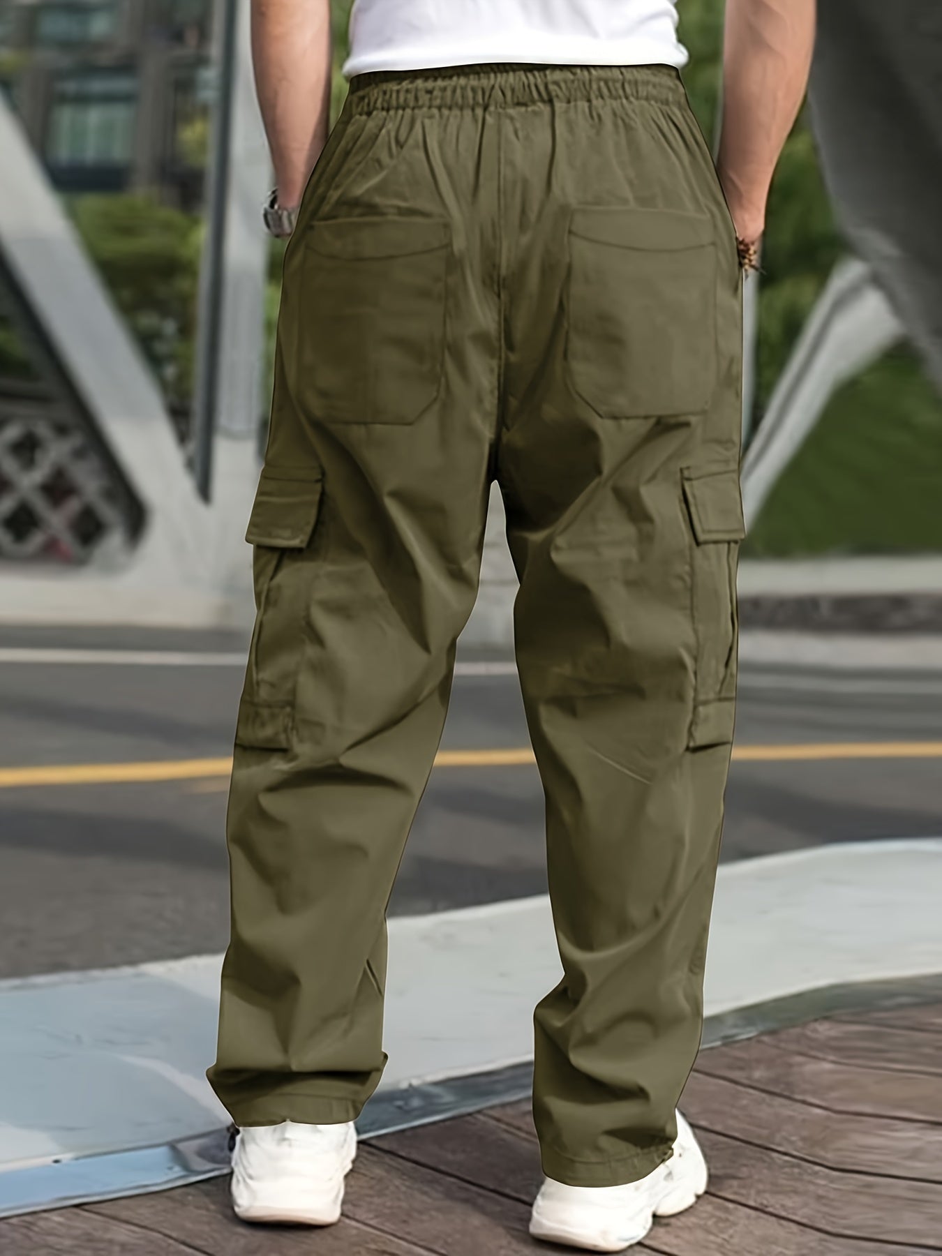 Mens Cargo Pants with Elastic Drawstring - Spacious Pockets, Loose Fit &amp; Trendy Solid Color - Perfect for Casual Style