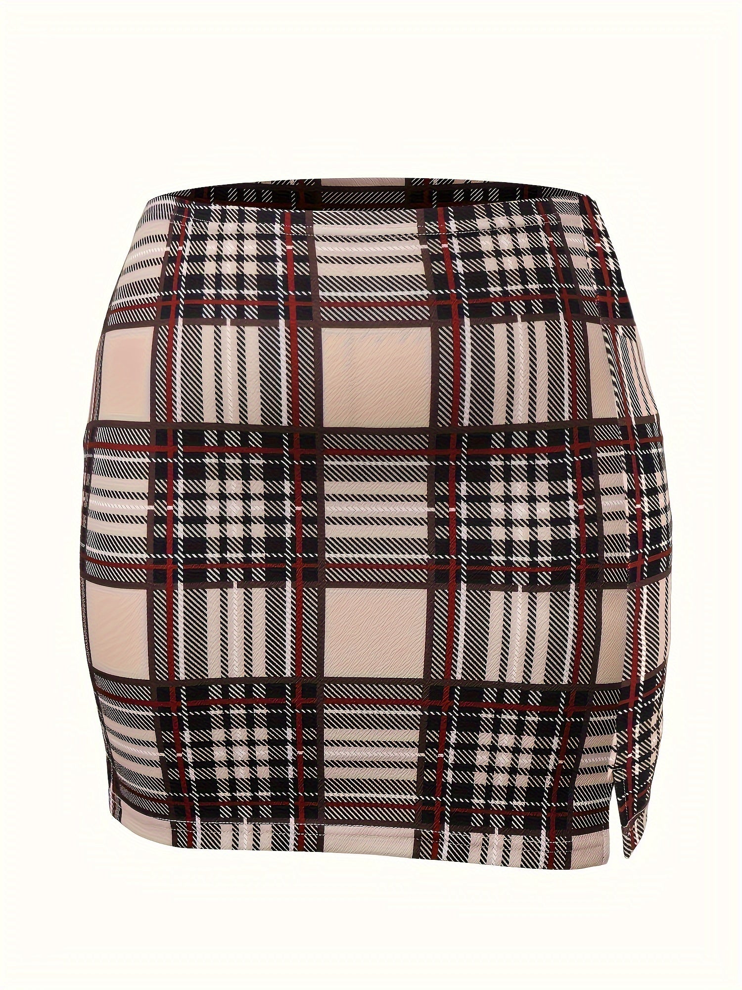 Plus Size Plaid Elastic Waist Skirt, Elegant Split Skirt For Spring &amp; Summer, Women&