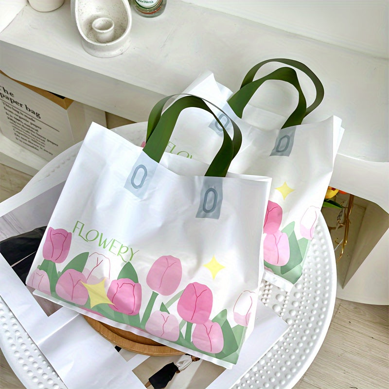 50pcs Extra Large Tulip Design Reusable Shopping Bags - Sturdy, Thick, and Durable with Comfortable Handles for Boutique, Shops, and Business Gifts - 10.6x10.6 Inches, Ideal for Packaging and Carrying Small to Medium-Sized It