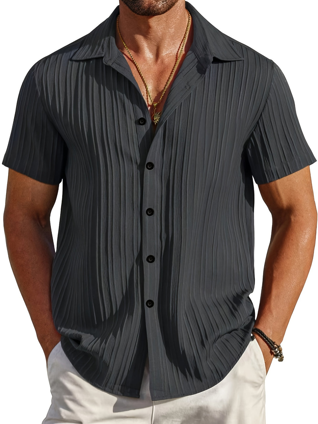 Mens Classic Lapel Short Sleeve Solid Color Casual Button Up Shirt - Breathable Polyester Fabric, Regular Fit, Machine Washable - Perfect for Summer Daily Wear and Beach Vacation