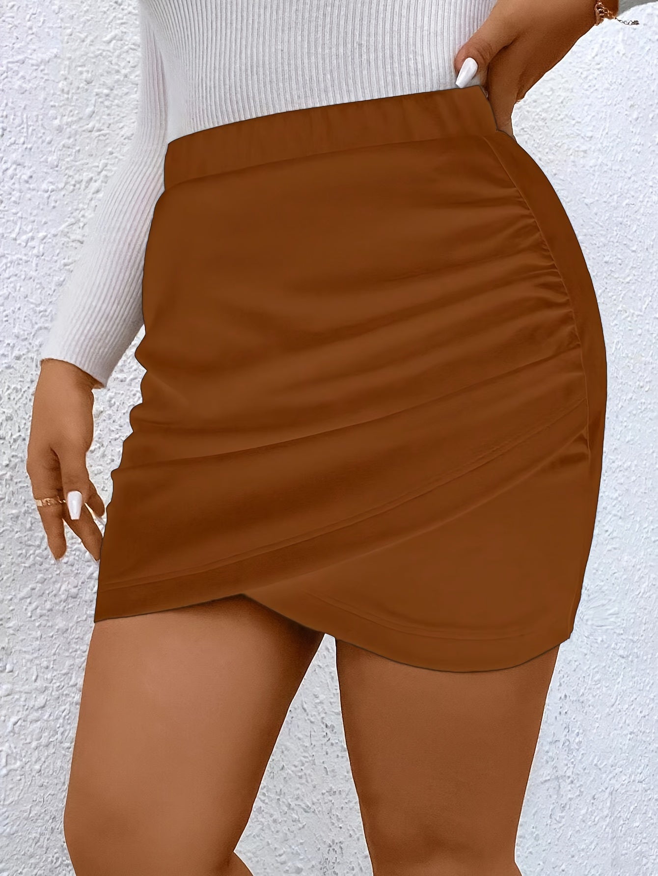 Plus Size Solid Ruched Skirt, Elegant High Waist Asymmetrical Hem Dress, Women&