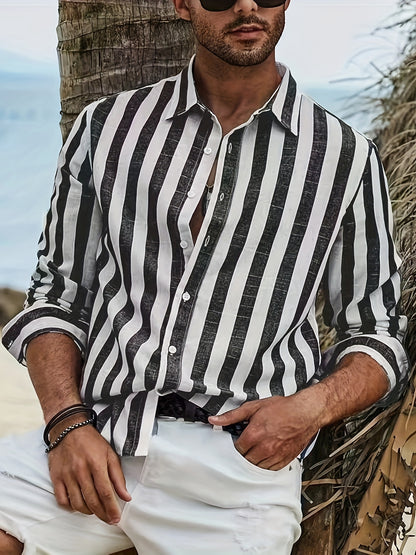 Stylish Striped Long Sleeve Lapel Shirt - Men&