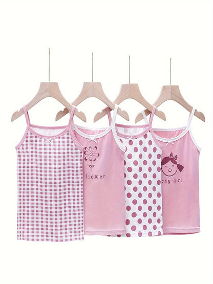 4pcs Lucky Girl Prints Undershirts, Cotton Singlet Top Shirts, Dots Flowers Design, Children Breathable Home Wear Size 100-150