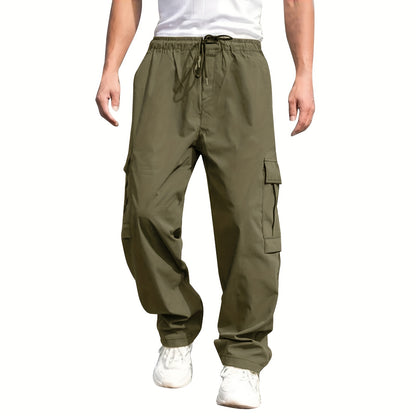 Mens Cargo Pants with Elastic Drawstring - Spacious Pockets, Loose Fit &amp; Trendy Solid Color - Perfect for Casual Style