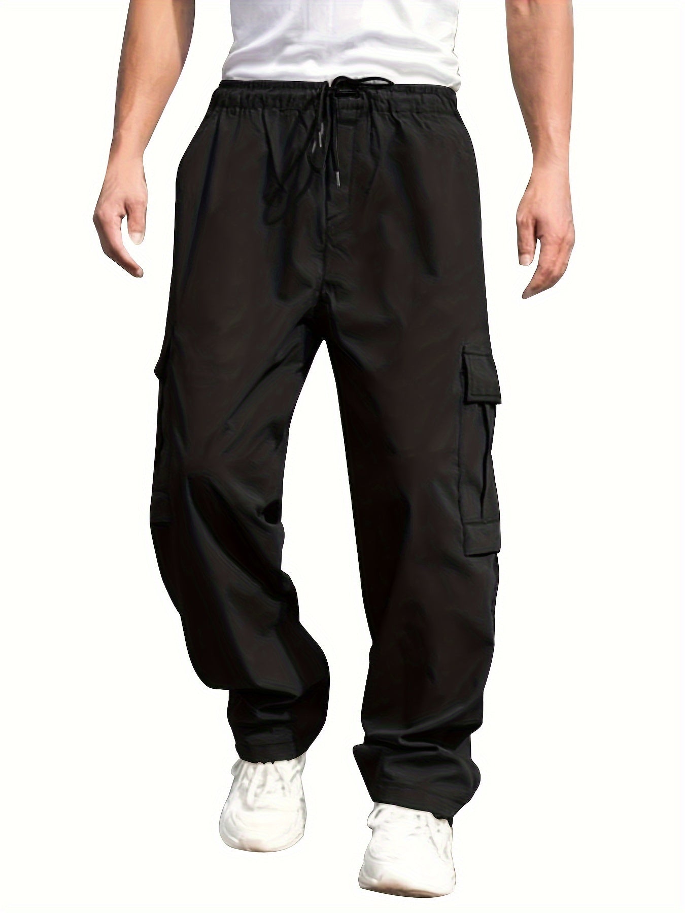 Mens Cargo Pants with Elastic Drawstring - Spacious Pockets, Loose Fit &amp; Trendy Solid Color - Perfect for Casual Style