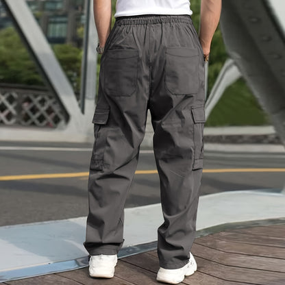 Mens Cargo Pants with Elastic Drawstring - Spacious Pockets, Loose Fit &amp; Trendy Solid Color - Perfect for Casual Style