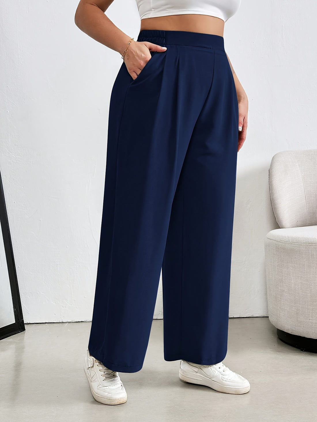 Plus Size Solid Color High Waist Pants, Elegant Wide Leg Dual Pockets Pants, Women&