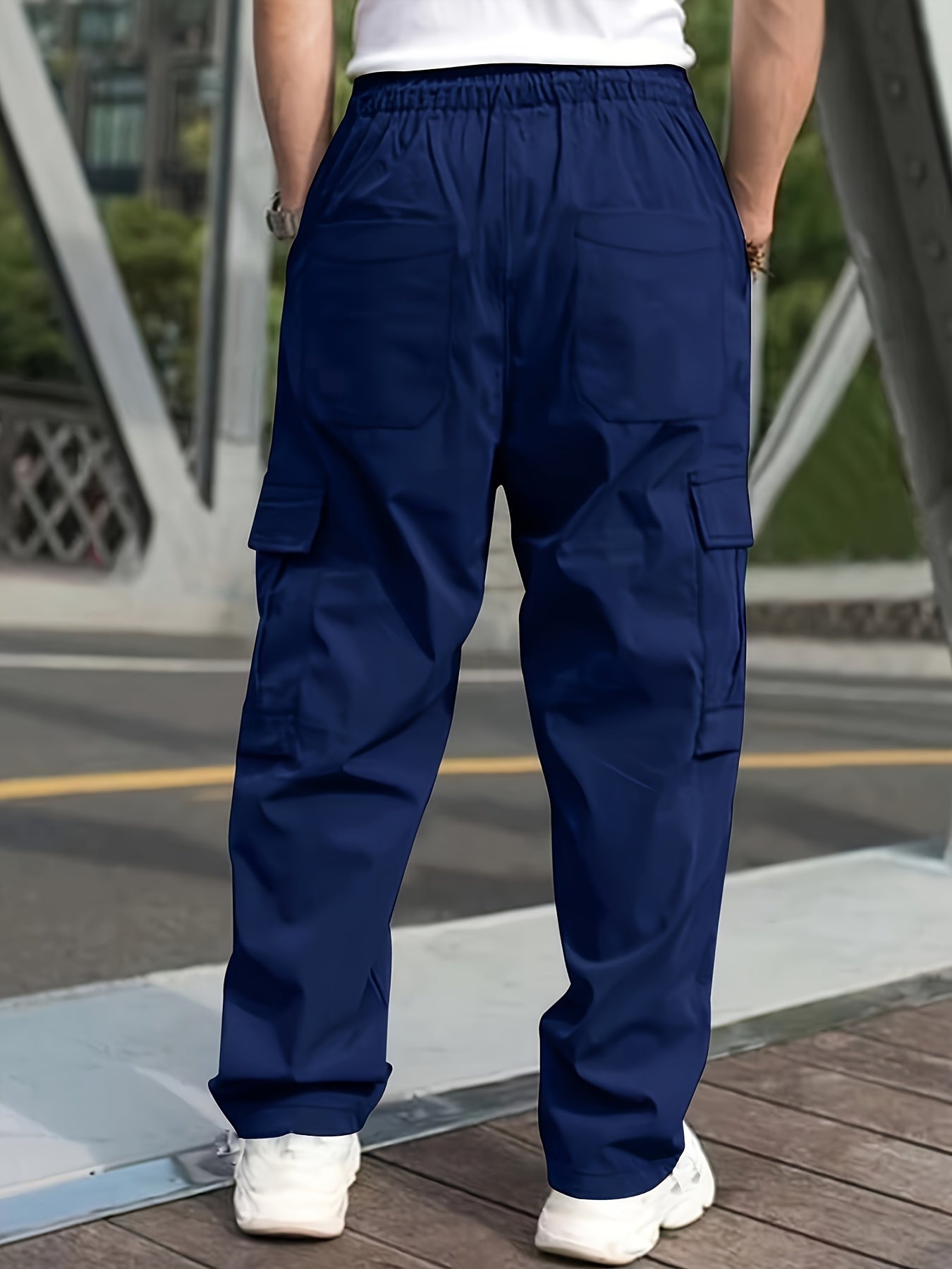 Mens Cargo Pants with Elastic Drawstring - Spacious Pockets, Loose Fit &amp; Trendy Solid Color - Perfect for Casual Style