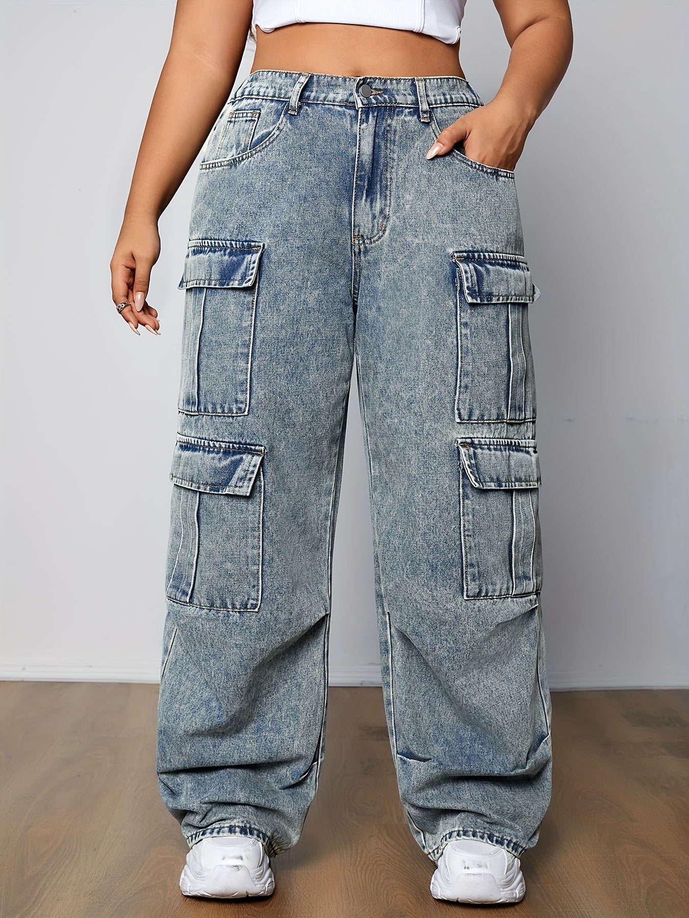 Stylish Plus Size Cargo Jeans - Loose Fit Denim Pants with Multi-Pocket Design, Side Flap Pockets, and Streetwear Style - Women&