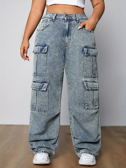 Stylish Plus Size Cargo Jeans - Loose Fit Denim Pants with Multi-Pocket Design, Side Flap Pockets, and Streetwear Style - Women&