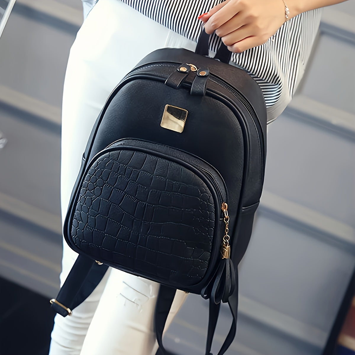 1pcs Stylish Pebbled PU Leather Backpack - Versatile College Style School Bag with Fashionable Design, Multiple Compartments, and Durable Construction - Perfect for Casual Daily Use, Small Daypack for Women