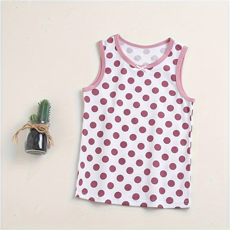 4pcs Lucky Girl Prints Undershirts, Cotton Singlet Top Shirts, Dots Flowers Design, Children Breathable Home Wear Size 100-150