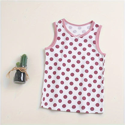 4pcs Lucky Girl Prints Undershirts, Cotton Singlet Top Shirts, Dots Flowers Design, Children Breathable Home Wear Size 100-150