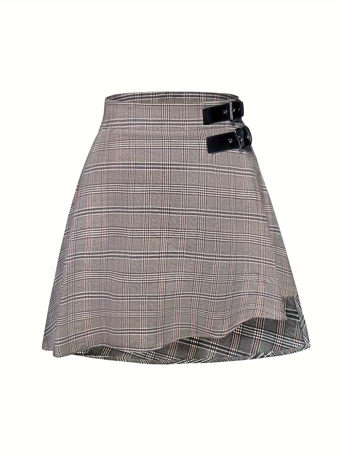 Plus Size Buckle Detail Plaid Skirt, Elegant Asymmetrical Hem High Waist Mini Skirt, Women&